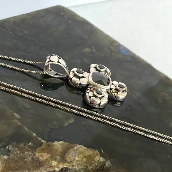 Sterling Silver 925 Black Tourmaline Glass Cross Pendant Necklace 18" Box Chain - Picture 8 of 16